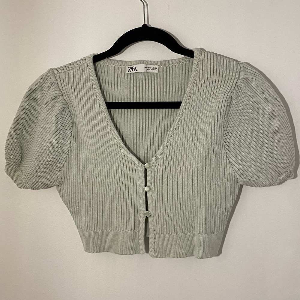 Zara Light Green Cropped Button Front Sweater Cardigan
